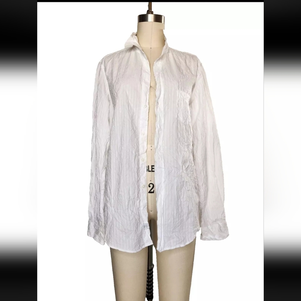 Frank & Eileen Barry Shirt Vertical Stripes Solid White Crinkled Wrinkled S - Picture 4 of 15